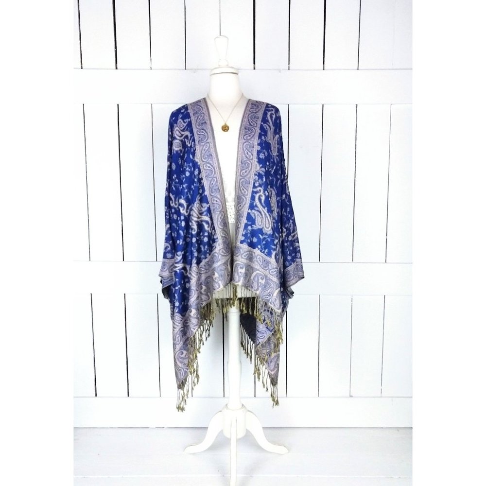 Blue paisley silk pashmina kimono fringe cover up/cropped tassel paisley cardiga